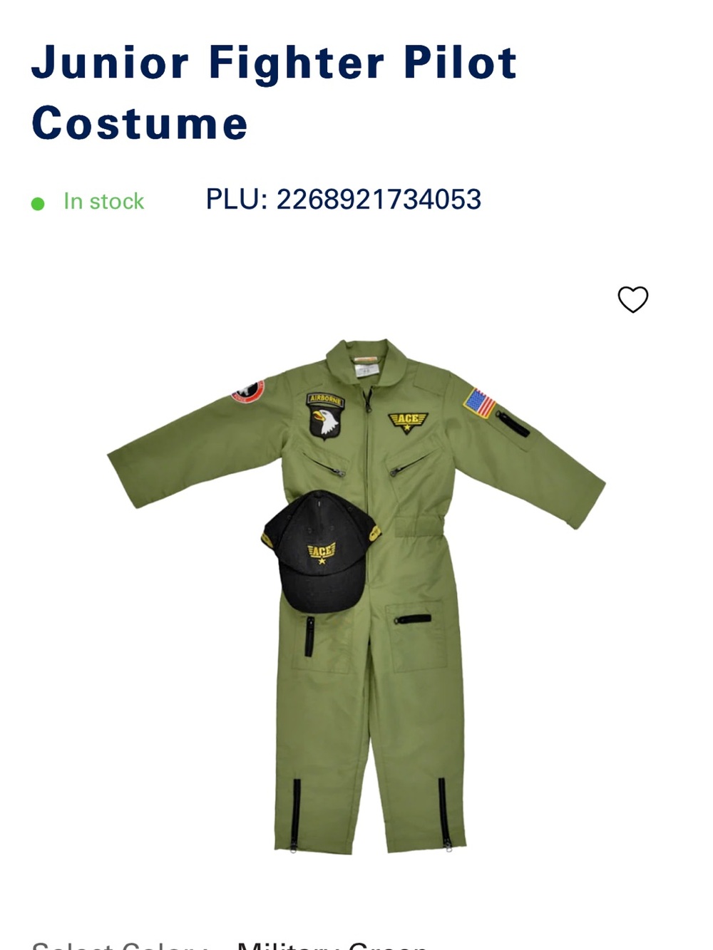 Roma Olive Green Junior Pilot Jumpsuit with Black Cap